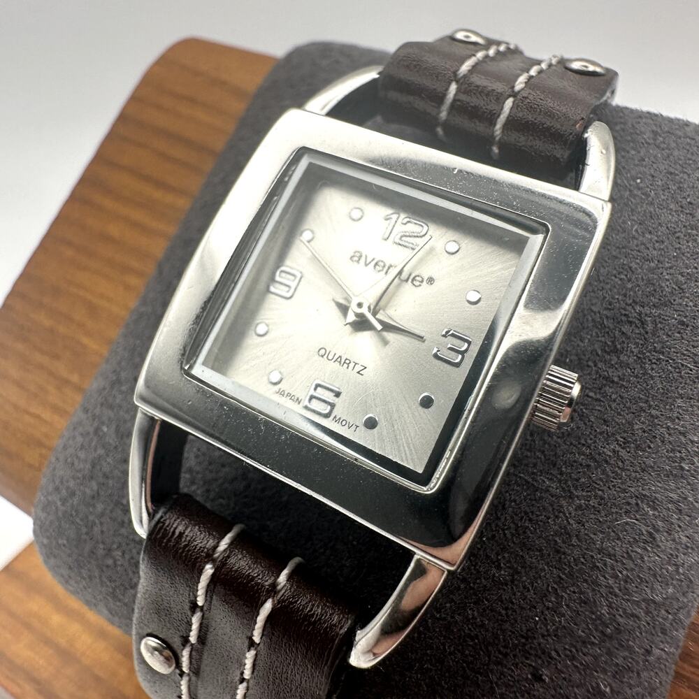 Avenue 9 Quartz Tank Watch Silver Dial Square Case Studded Brown Leather Strap